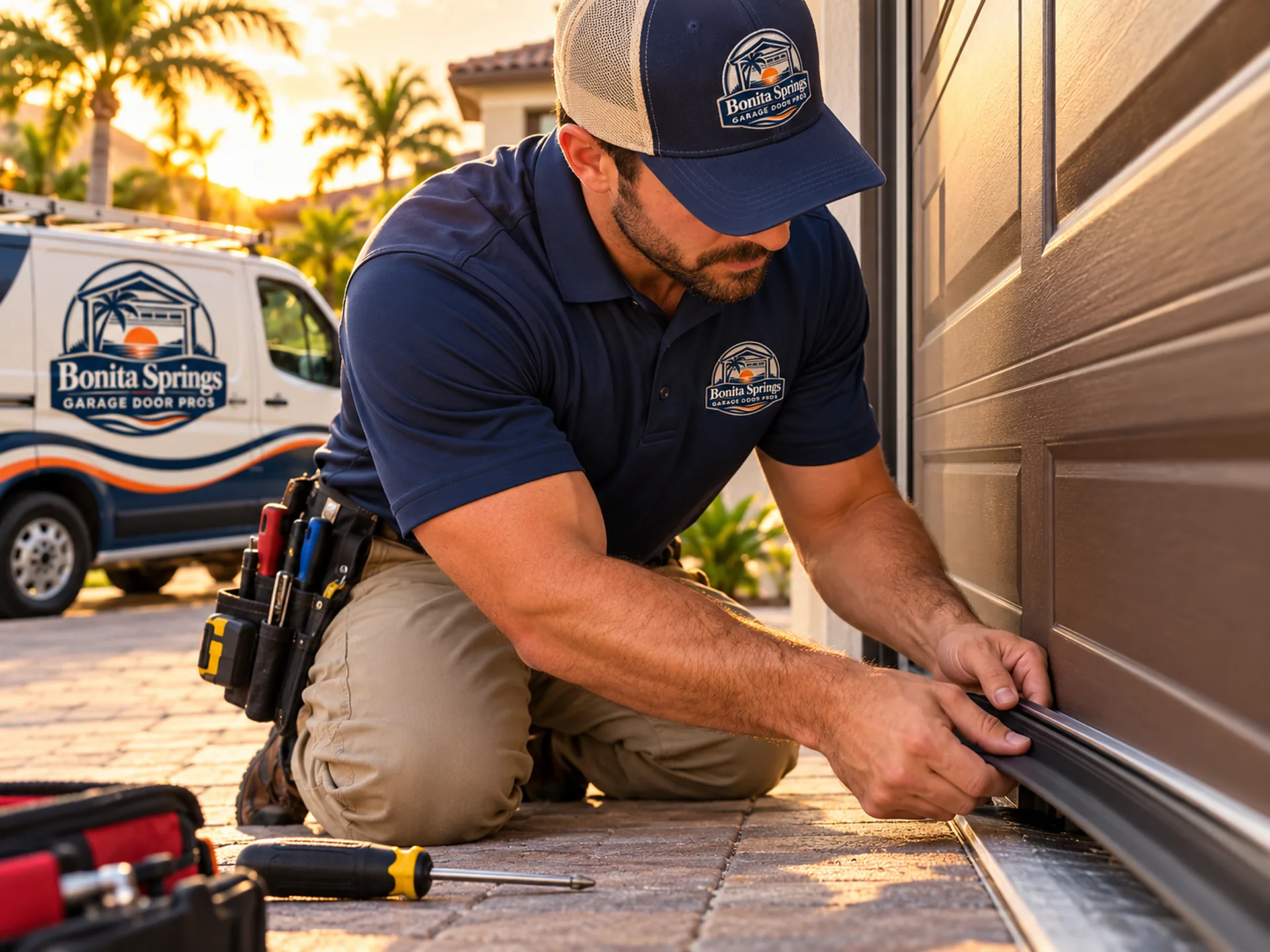 Technician fitting a new bottom seal on a garage door