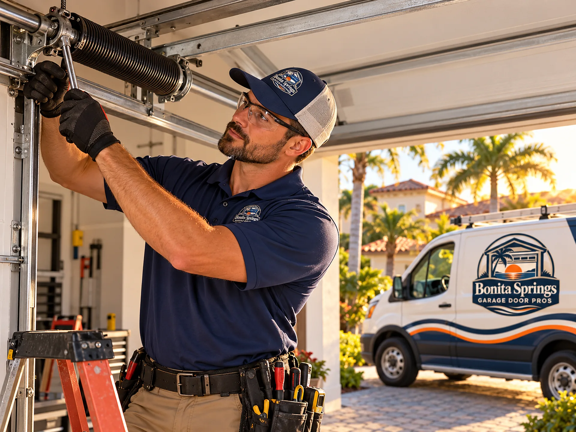 Technician on a ladder working on the torsion spring above an open garage door