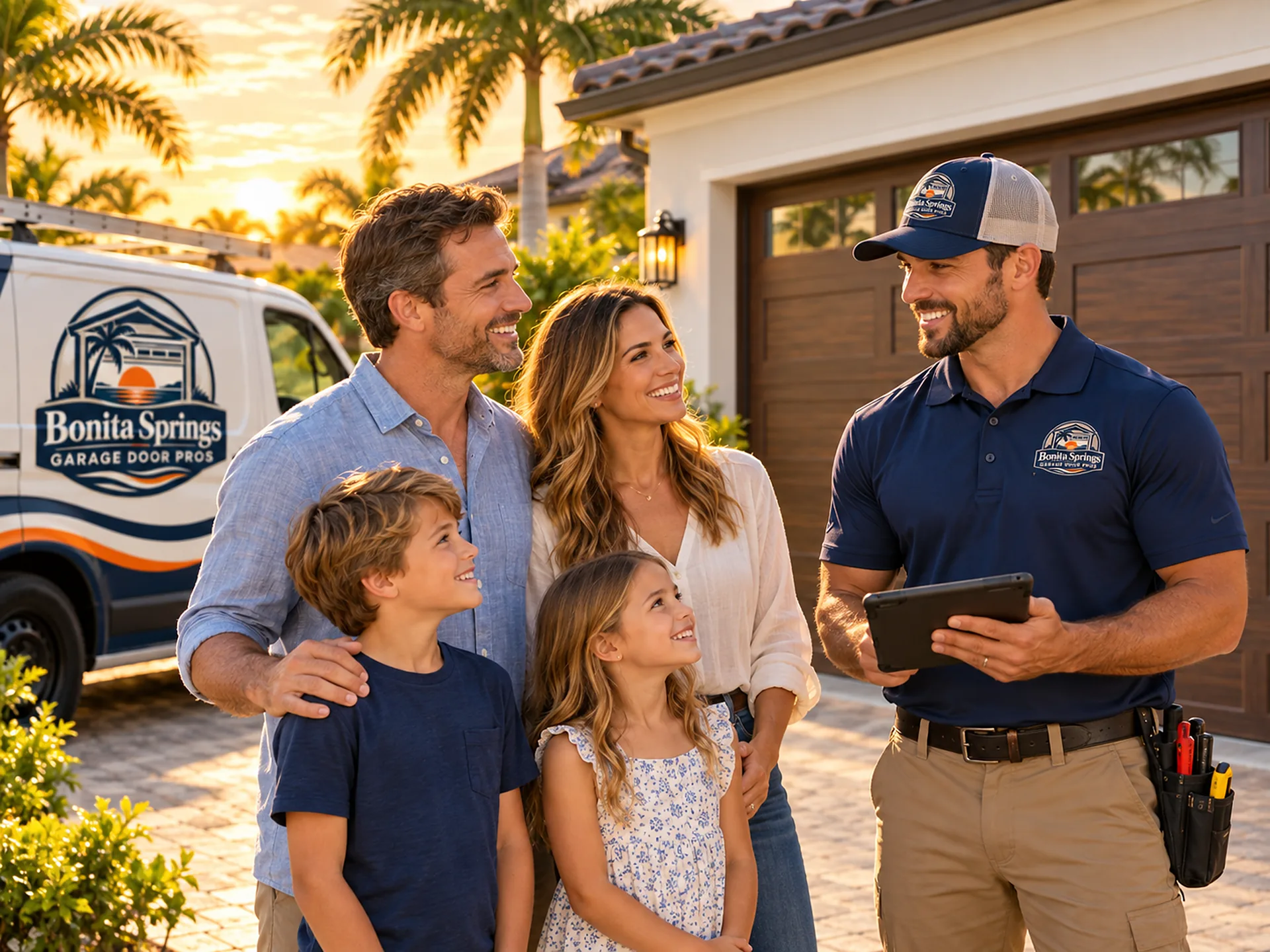 Family standing with a technician in front of their garage door