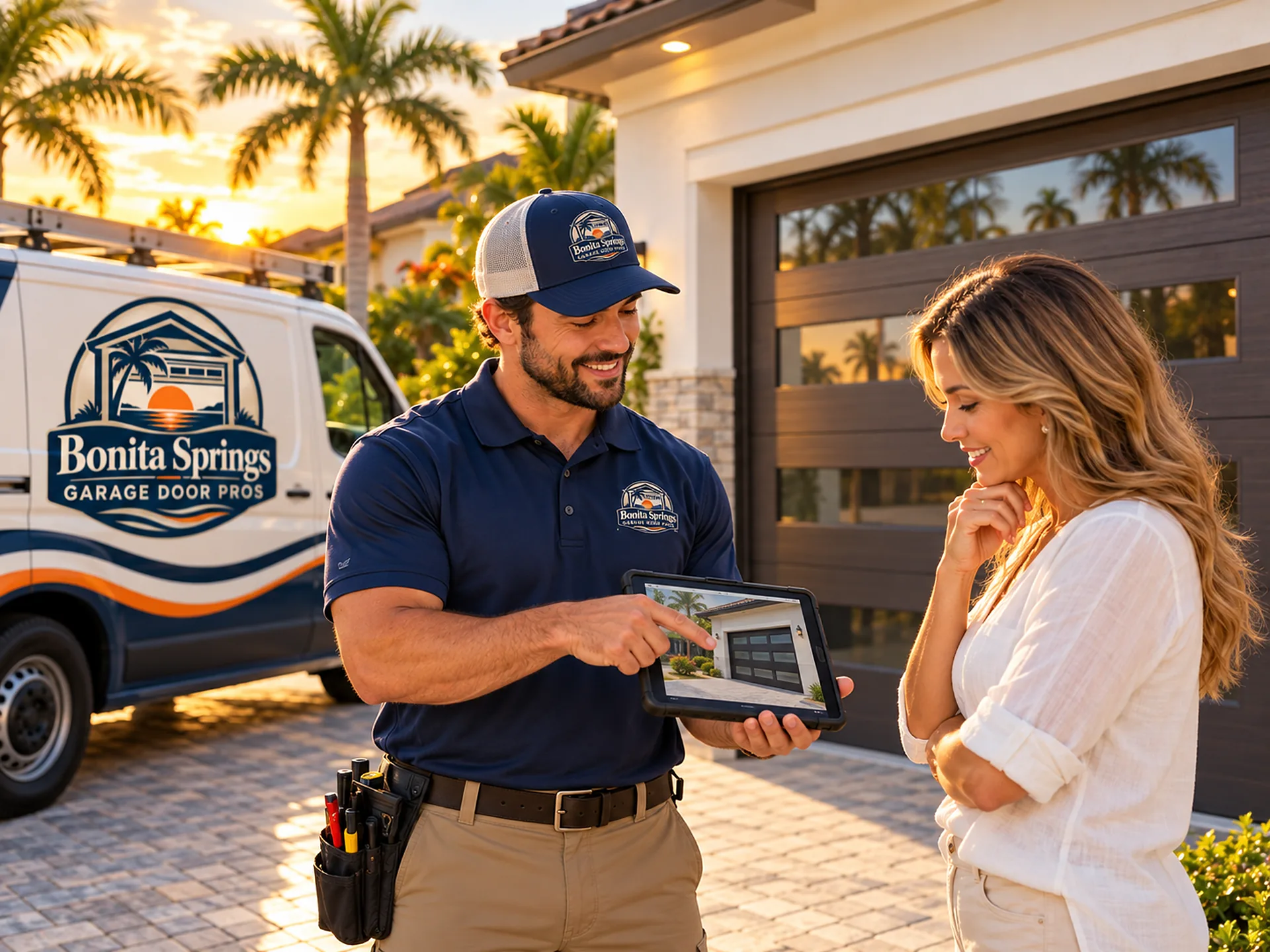 Technician showing a homeowner garage door styles on a tablet